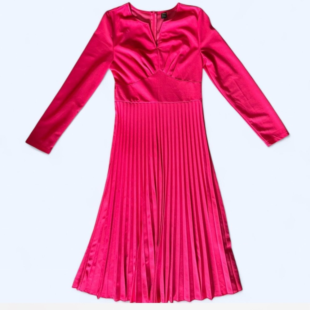 Pink Pleated Long Sleeve V-Neck Dress for Wedding Guest